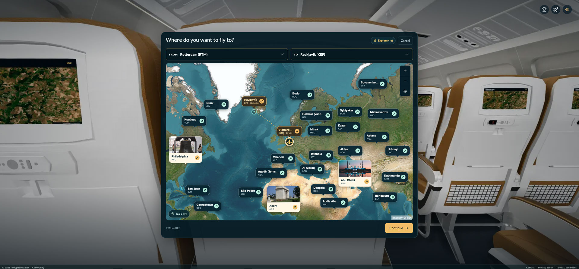 In-Flight Simulator screenshot, showing the back of airplane seats and the game interface.